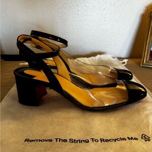 Christian Louboutin Black Patent Ankle Strap Block Heels